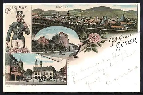 Lithographie Goslar, Pauls Hotel u. Thurm, Markt u. Rathhaus, Bergmann, Gesamtansicht