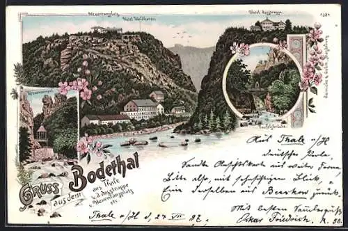 Lithographie Bodethal, Hotel Waldkater, Hotel Rosstrappe, Teufelsbrücke