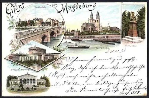 Lithographie Magdeburg, Theater, Zollbrücke, Friesen-Denkmal, Dom