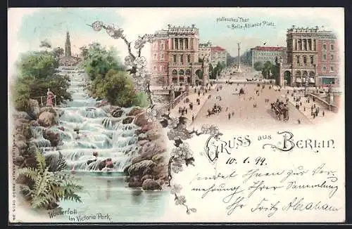 Lithographie Berlin, Hallesches Thor, Belle-Alliance Platz und Wasserfall im Victoria Park