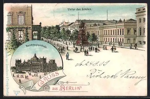 Lithographie Berlin, Unter den Linden mit Reiterstandbild Friedrich der Grosse, Reichstagsgebäude
