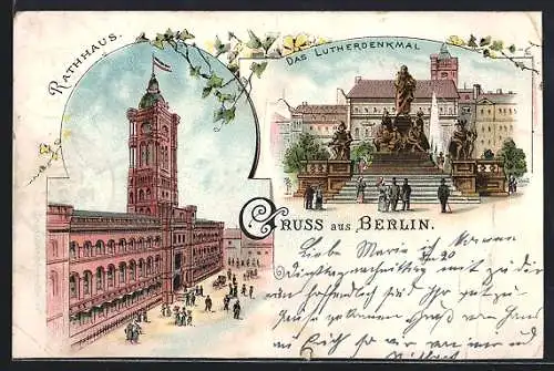 Lithographie Berlin, Rathaus, Lutherdenkmal, Efeuranken, Um 1900, Neuer Markt