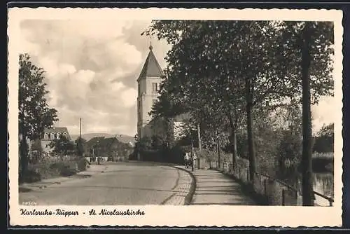 AK Karlsruhe-Rüppurr, Strassenpartie an der St. Nicolauskirche