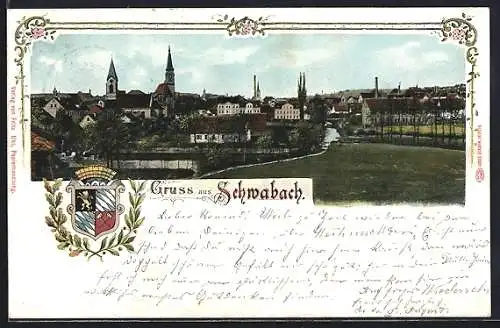 Lithographie Schwabach, Gesamtansicht, Wappen