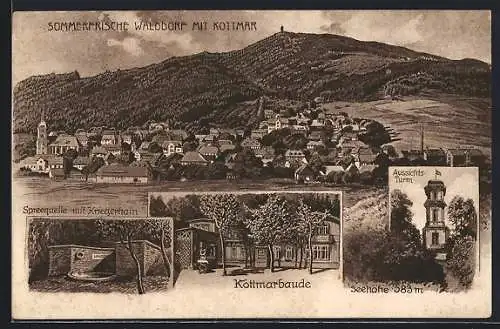 Künstler-AK Eibau, Gasthaus Kottmarbaude E. Feurich, Gesamtansicht, Spreequelle