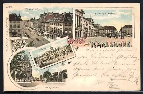 Lithographie Karlsruhe, Hotel Germania, Kaiserstrasse aus der Vogelschau