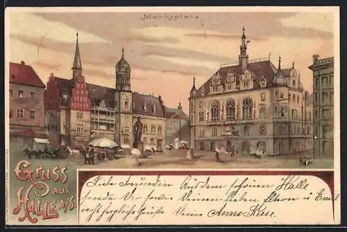 Lithographie Halle a. S., Ansicht vom Marktplatz