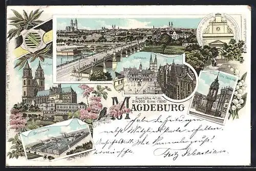 Lithographie Magdeburg, Grusonwerk, Rathaus, Der Hafen