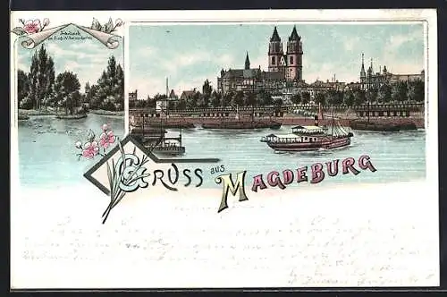 Lithographie Magdeburg, Inselteich am Friedrich-Wilhelms-Garten, Boote auf der Elbe vor dem Dom