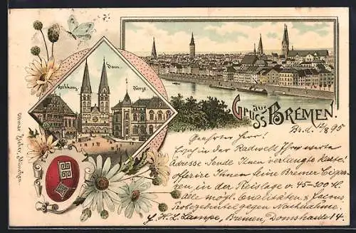 Vorläufer-Lithographie Bremen, 1895, Rathaus, Dom, Börse und Ortsansicht