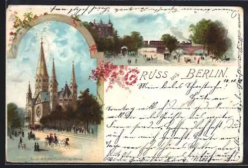 Lithographie Berlin-Charlottenburg, Kaiser Wilhelm Gedächtnis-Kirche, Pferdebahn