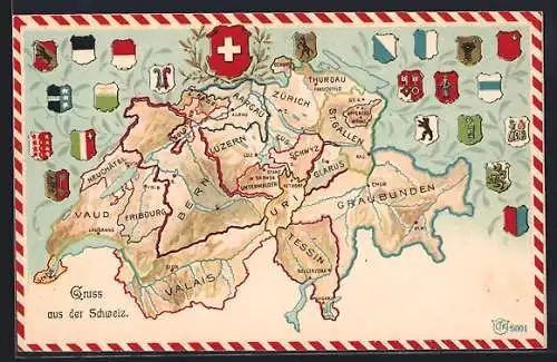 Lithographie Luzern, Landkarte mit Zürich, Glarus und Tessin, Wappen