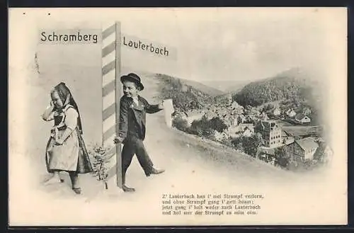 AK Lauterbach / Schramberg, Ortsansicht vom Berg mit Wegweiser nach Schramberg