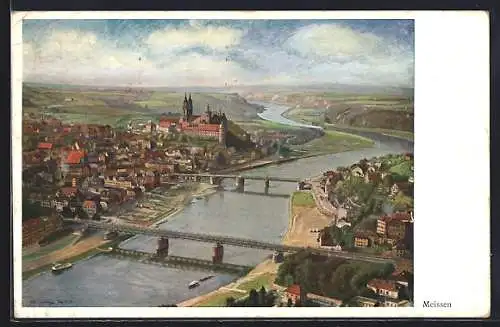 Künstler-AK Meissen, Blick auf die Stadt mit Albrechtsburg