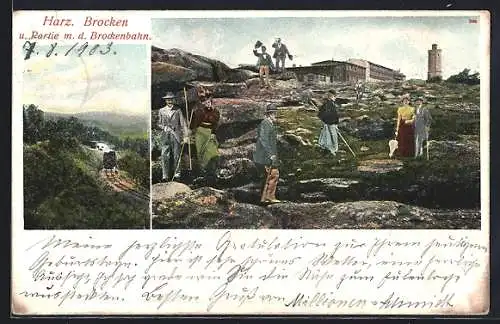 AK Brocken, Wanderer auf dem Gipfel-Plateau, Brockenbahn