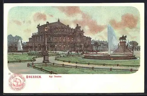 Lithographie Dresden, Kgl. Theater mit Springbrunnen