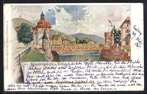 Künstler-AK Ludwig Zorn: Freiburg / Breisgau, Partie an der Schwabentorbrücke