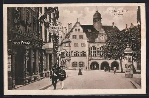 AK Freiburg i. Br., Das Rathaus, Restauration zum Berthold Schwarz, Litfasssäule