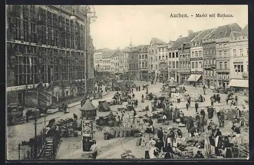 AK Aachen, Markt mit Rathaus, Marktstände, Brunnen