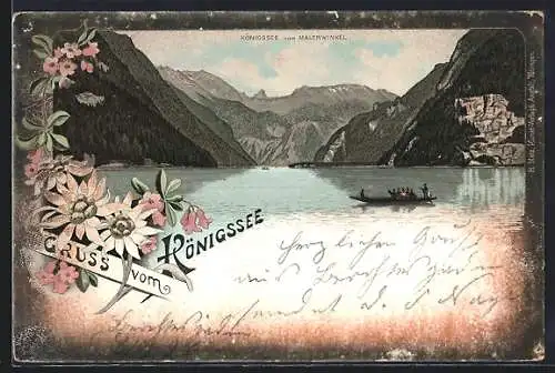 Lithographie Königsee / Berchtesgaden, Panorama vom Malerwinkel aus, Blumenmotiv