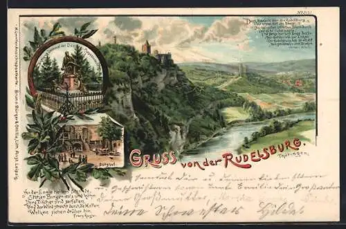 Lithographie Saaleck / Saale, Blick zur Rudelsburg, Bismarck-Denkmal