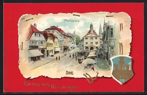 Passepartout-Lithographie Kissingen, Marktplatz mit Marktbetrieb, Stadtwappen