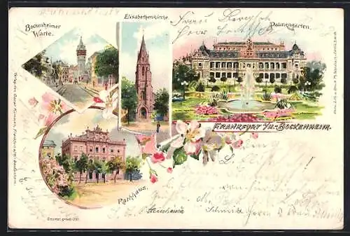 Lithographie Frankfurt-Bockenheim, Rathaus, Palmengarten, Bockenheimer Warte