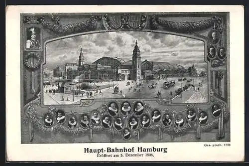 AK Hamburg-St.Georg, Haupt-Bahnhof mit Strassenbahn im Rahmen, Porträts