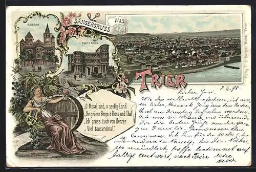 Lithographie Trier, Teilansicht, Porta Nigra, Dom