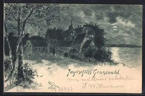 Künstler-AK Berlin-Grunewald, Jagdschloss Grunewald bei Vollmond