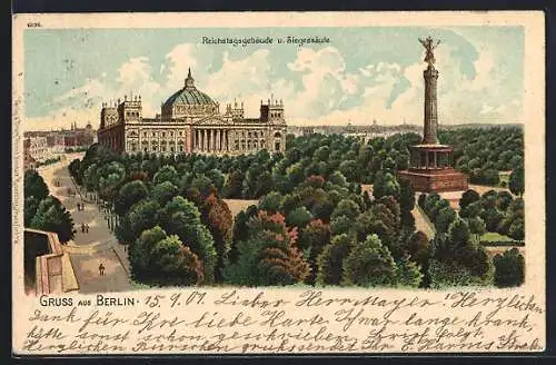 Lithographie Berlin-Tiergarten, Reichstagsgebäude u. Siegessäule