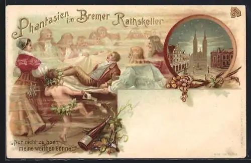 Lithographie Bremen, Restaurant Ratskeller, junger Mann im Rausch