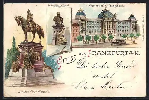 Lithographie Frankfurt, das neue kaiserliche Postgebäude mit Pferdebahn, Denkmal Kaiser Wilhelm I.