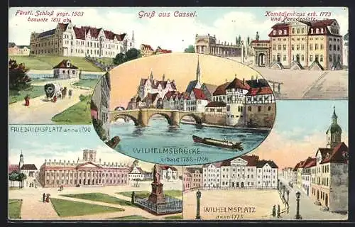 AK Kassel, Fuldapartie an der Wilhelmsbrücke, Komödienhaus und Paradeplatz & Wilhelmsplatz