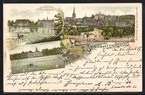 Lithographie Flensburg, Schlösser Gravenstein u. Glücksburg, Teilansicht mit Strasse