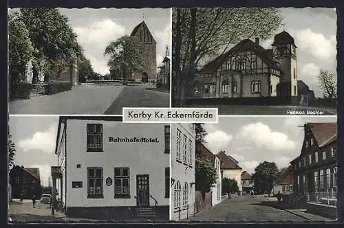 AK Karby, Bahnhofs-Hotel, Pension Bechler, Strassenpartie