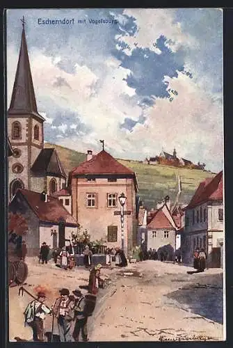 Künstler-AK Escherndorf, Strassenpartie mit Kirche und Blick zur Vogelsburg