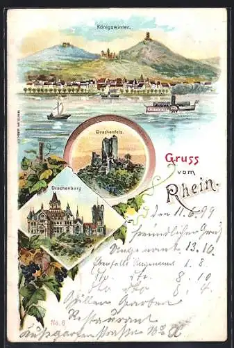 Lithographie Königswinter a. Rh., Uferpartie mit Dampfer, Drachenfels