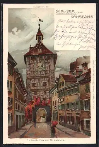 Lithographie Konstanz, Schnetzthor mit Husshaus, Strassenpartie