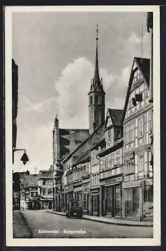 AK Salzwedel, Blick in die Burgstrasse mit Geschäften