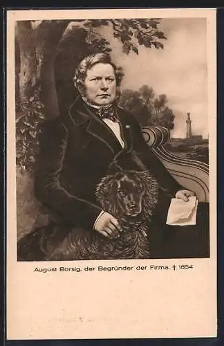 Künstler-AK August Borsig im Anzug und Fliege mit Hund