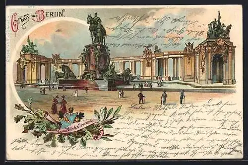 Lithographie Berlin, Menschen am Kaiser Wilhelm-Denkmal