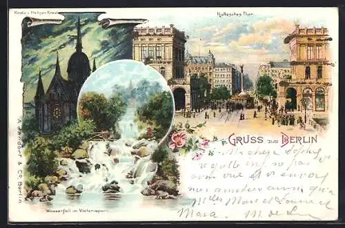 Lithographie Berlin-Kreuzberg, Belle-Alliance-Platz, Hallesches Tor, Kirche z. Hlg. Kreuz, Wasserfall im Victoria-Park