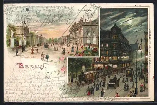 Lithographie Berlin, Schlossbrücke mit Ruhmeshalle, Unter den Linden- u. Friedrichstrassen-Ecke