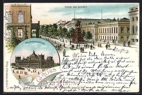 Lithographie Berlin, Unter den Linden mit Reiterstandbild Friedrich der Grosse, Reichstagsgebäude