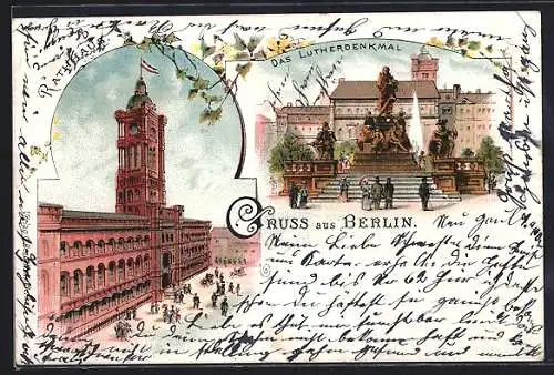 Lithographie Berlin, Spandauer Strasse, Rathaus, Luther-Denkmal