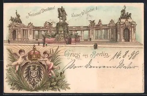 Lithographie Berlin, National-Denkmal Kaiser Wilhelm I., Wappen