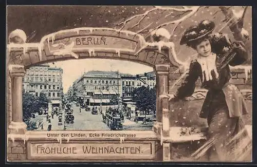 AK Berlin, Unter den Linden, Ecke Friedrichstrasse, Weihnachtsgrüsse