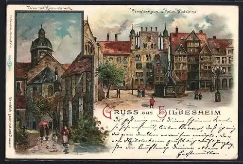 Lithographie Hildesheim, Dom mit Rosentrauch, Pemplerhaus und Haus Wedekind