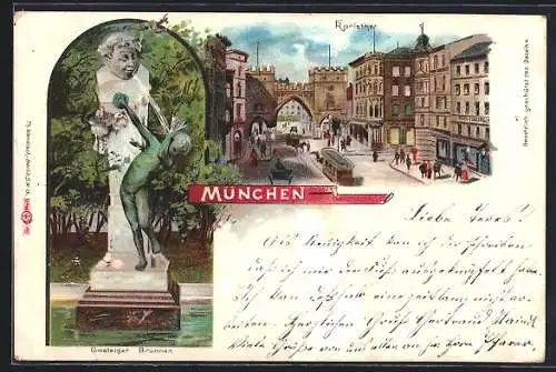 Lithographie München, Gasteiger Brunnen, Karlsthor